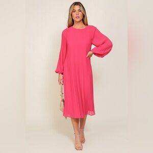 001- Elegant Pink Pleated Midi Long Sleeve Dress